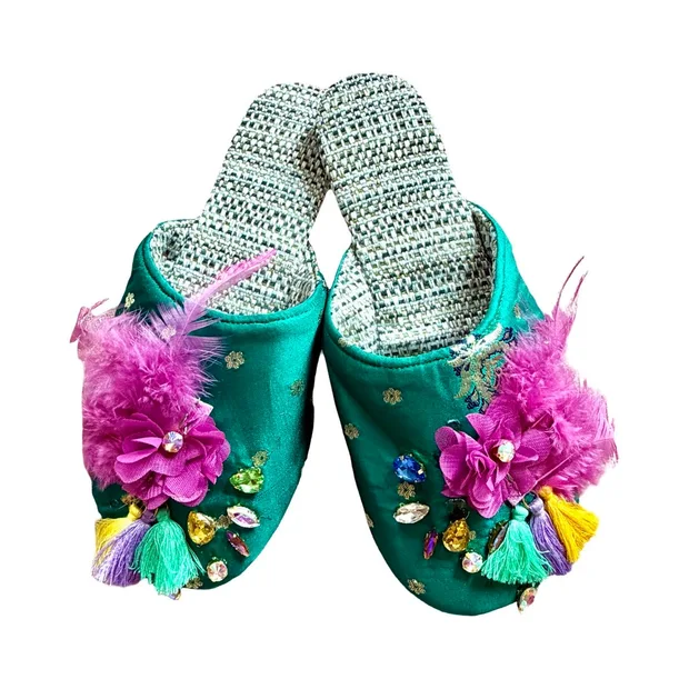 EMERALD GREEN BABOUCHE MULES WITH OSTRICH FEATHERS AND BEADS - SIZE  5