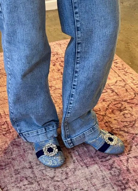 SKY BLUE AND SILVER BABOUCHE MULES WITH NAVY VELVET AND SPARKLES- SIZE 6 — view 2