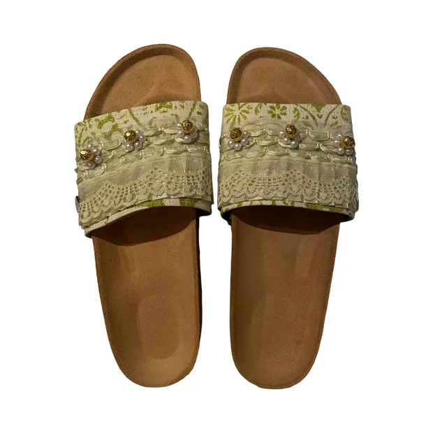 SANDALS - CHARTREUSE BEADED SLIDES