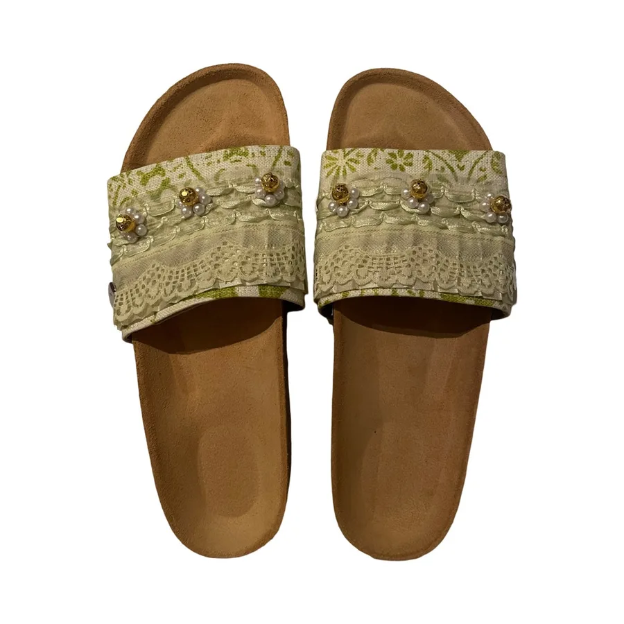 SANDALS - CHARTREUSE BEADED SLIDES