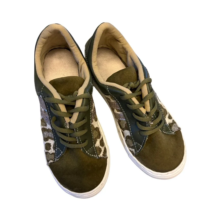 SNEAKERS -  A STUNNING SELECTION OF KHAKI GREEN LEOPARD PRINT FABRIC AND GREEN LEATHER - SIZE 34