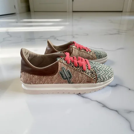 SNEAKERS -  A MIX OF FABRIC AND TOFFEE LEATHER - SIZE 40 — view 2