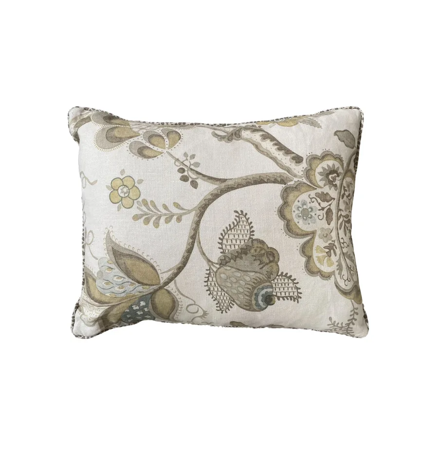 SCATTER CUSHIONS - SAND and OLIVE GREEN FLORAL COTTON WITH FRINGEING