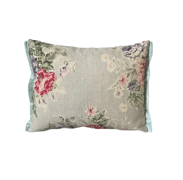 SCATTER CUSHIONS -SOFT  GREEN FLORAL COTTON WITH FRINGEING