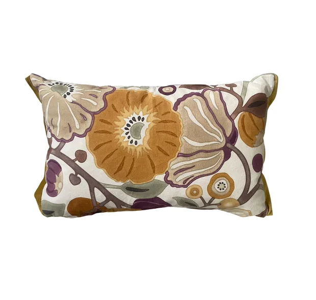 SCATTER CUSHIONS - SAND AND MUSTARD FLORAL COTTON WITH VELVET TRIM