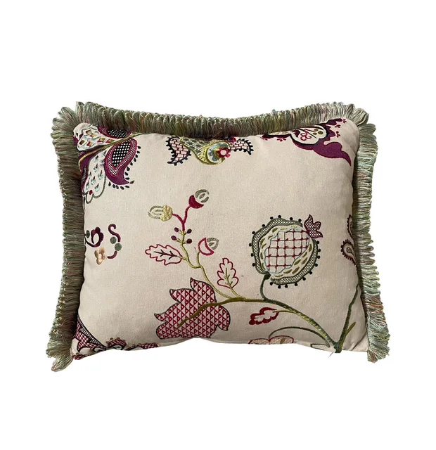 SCATTER CUSHIONS - GREEN AND PLUM EBROIDERED FLORAL COTTON WITH FRINGEING