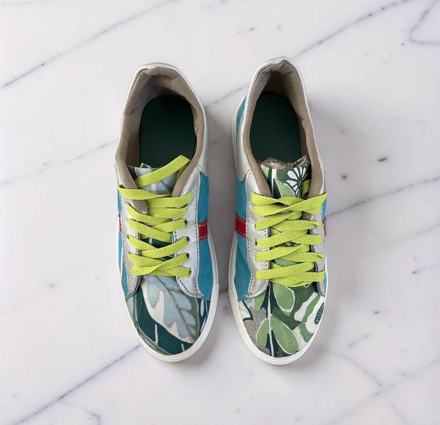 SNEAKERS -  TURQUOISE AND SILVER LEATHER WITH TEAL FLORAL FABRIC-  SIZE 39