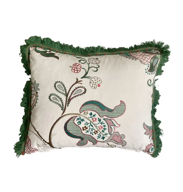 SCATTER CUSHIONS - GREEN AND PLUM FLORAL COTTON WITH FRINGEING