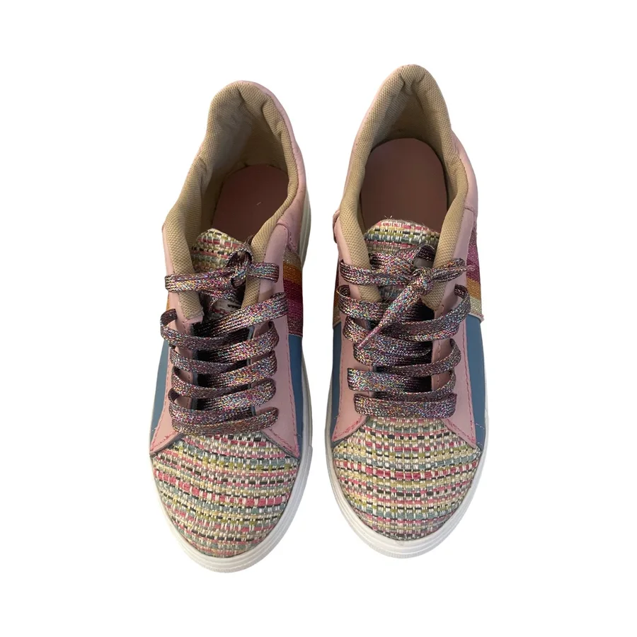 SNEAKERS -  BLUE AND PINK LEATHER WITH MOTTLED PINK FABRIC - SIZE 38
