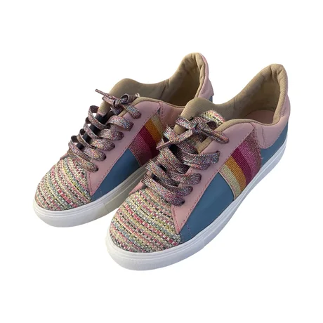 SNEAKERS -  BLUE AND PINK LEATHER WITH MOTTLED PINK FABRIC - SIZE 38 — view 2