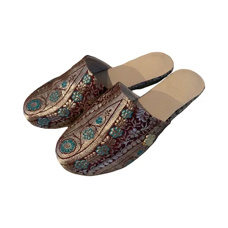 TURQUOISE AND BROWN BABOUCHE MULES WITH FLORAL DETAIL- SIZE 5 — view 2