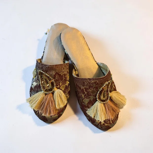 BROWN BABOUCHE MULES WITH COTTON TASSELS- SIZE 4