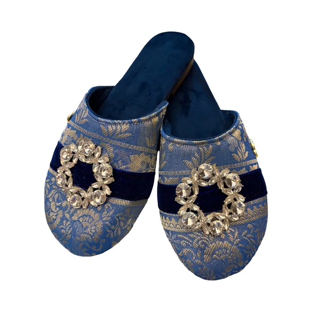 SKY BLUE AND SILVER BABOUCHE MULES WITH NAVY VELVET AND SPARKLES- SIZE 6