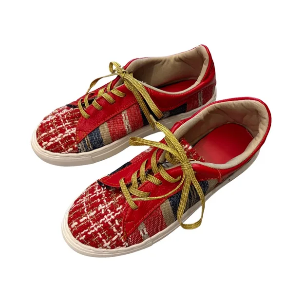 SNEAKERS -  A MIX OF GORGEOUS RED AND GOLD CHECKED FABRIC, STRIPES IN RED, BLUE AND WHEAT AND RED LEATHER - SIZE 39
