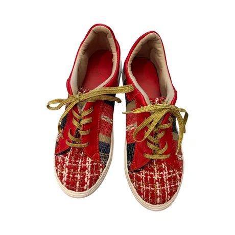 SNEAKERS -  A MIX OF GORGEOUS RED AND GOLD CHECKED FABRIC, STRIPES IN RED, BLUE AND WHEAT AND RED LEATHER - SIZE 39 — view 2