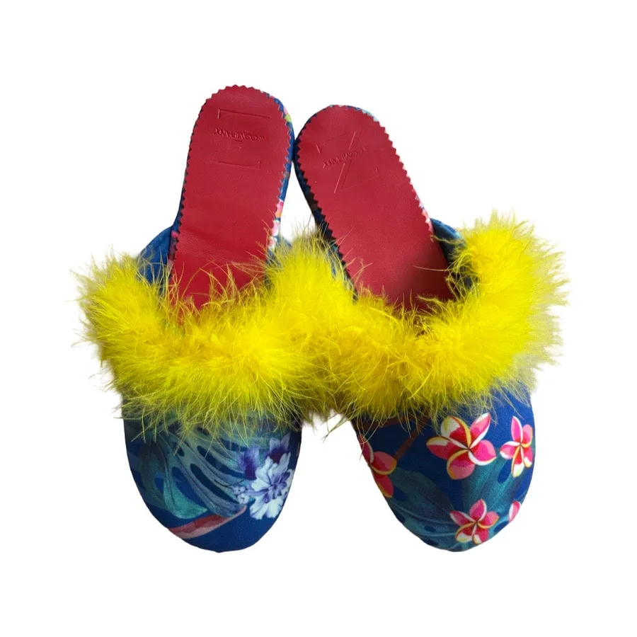 FEATHER TRIMMED VELVET BABOUCHE STYLE MULES - SIZE 7