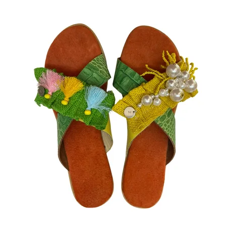 SANDALS - GREEN AND YELLOW LEATHER CRISS CROSS SLIDES WITH DETACHABLE EMBELLISHMENTS — view 2