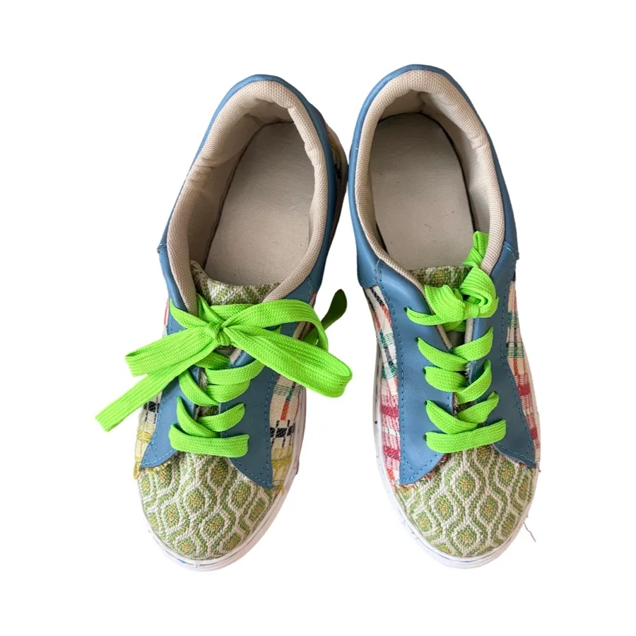 Sneakers -  Blue Leather with checks and lime green toe - Size 39