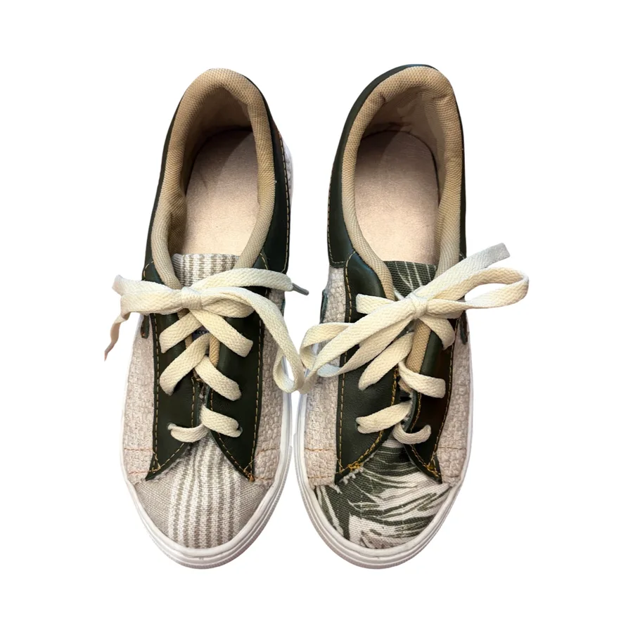 Sneakers -  Forest green leather with cream fabric and details of green leaves and stripes  Size 36