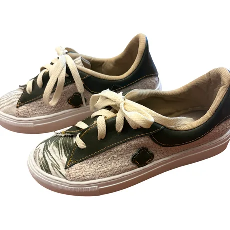 Sneakers -  Forest green leather with cream fabric and details of green leaves and stripes  Size 36 — view 2